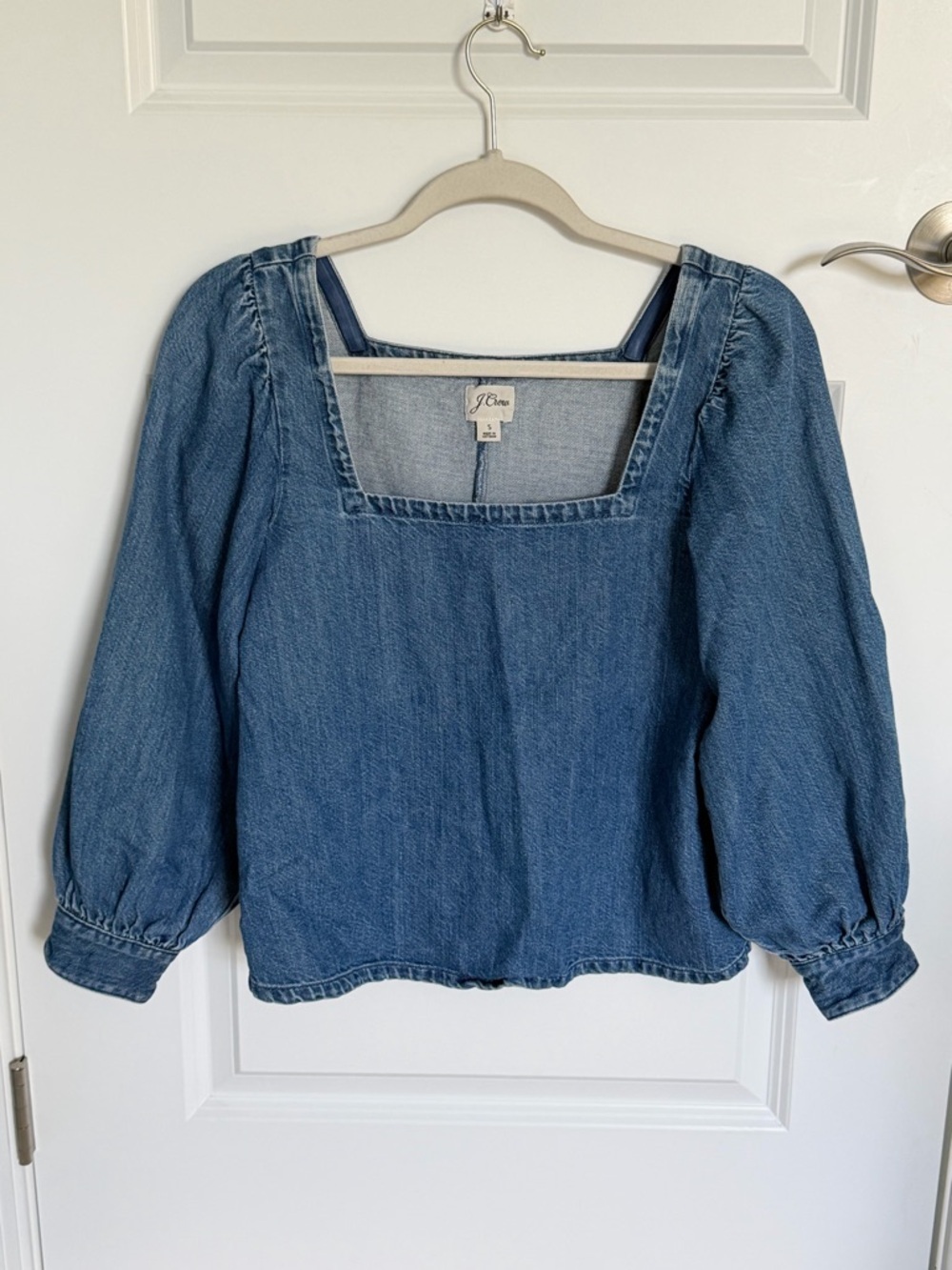 J. Crew Denim Square-Neck Puff Sleeve Blouse Blue linen cotton 54648 - Picture 2 of 14